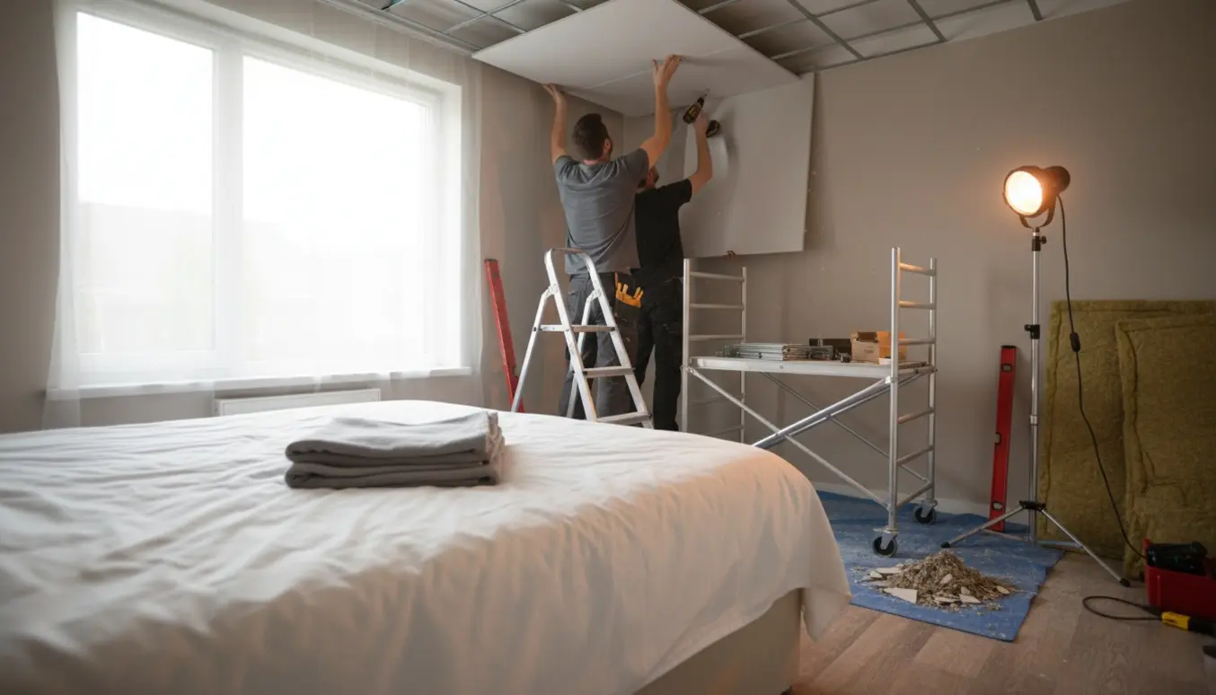 Soveværelse på ca. 12 m² med afdækket seng, stige og håndværkere, der monterer et nyt nedsænket loft.