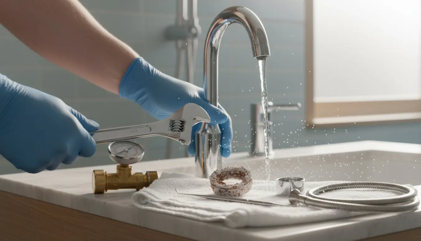 Hænder holder skruenøgle og trykmåler ved et vaskearmatur med afmonteret aerator fyldt med kalk.
