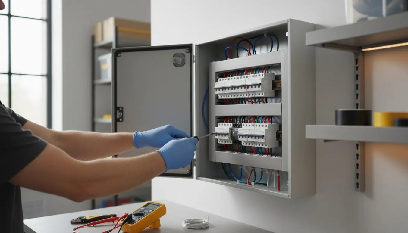 Tekniker monterer en ny eltavle med åbent skab og organiserede ledninger i et lyst bryggers.