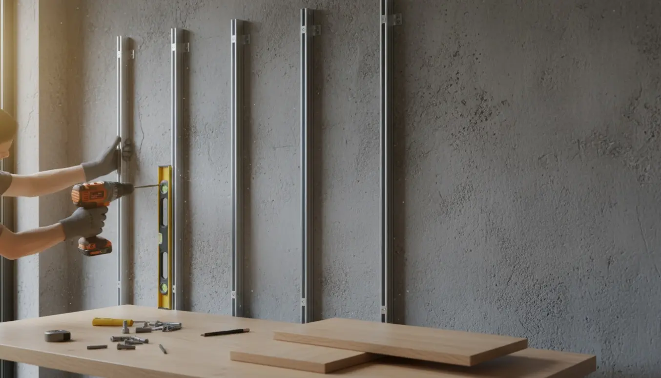 Hænder monterer fem metalstænger til et Porsa-reolsystem på en betonmur.