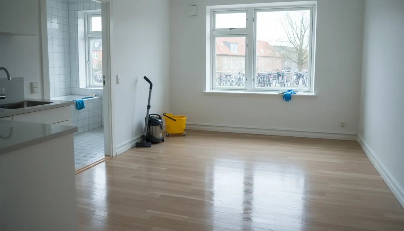 Tom, nyvasket 3-værelses lejlighed på Amager med rengøringsudstyr og sollys gennem vinduerne.