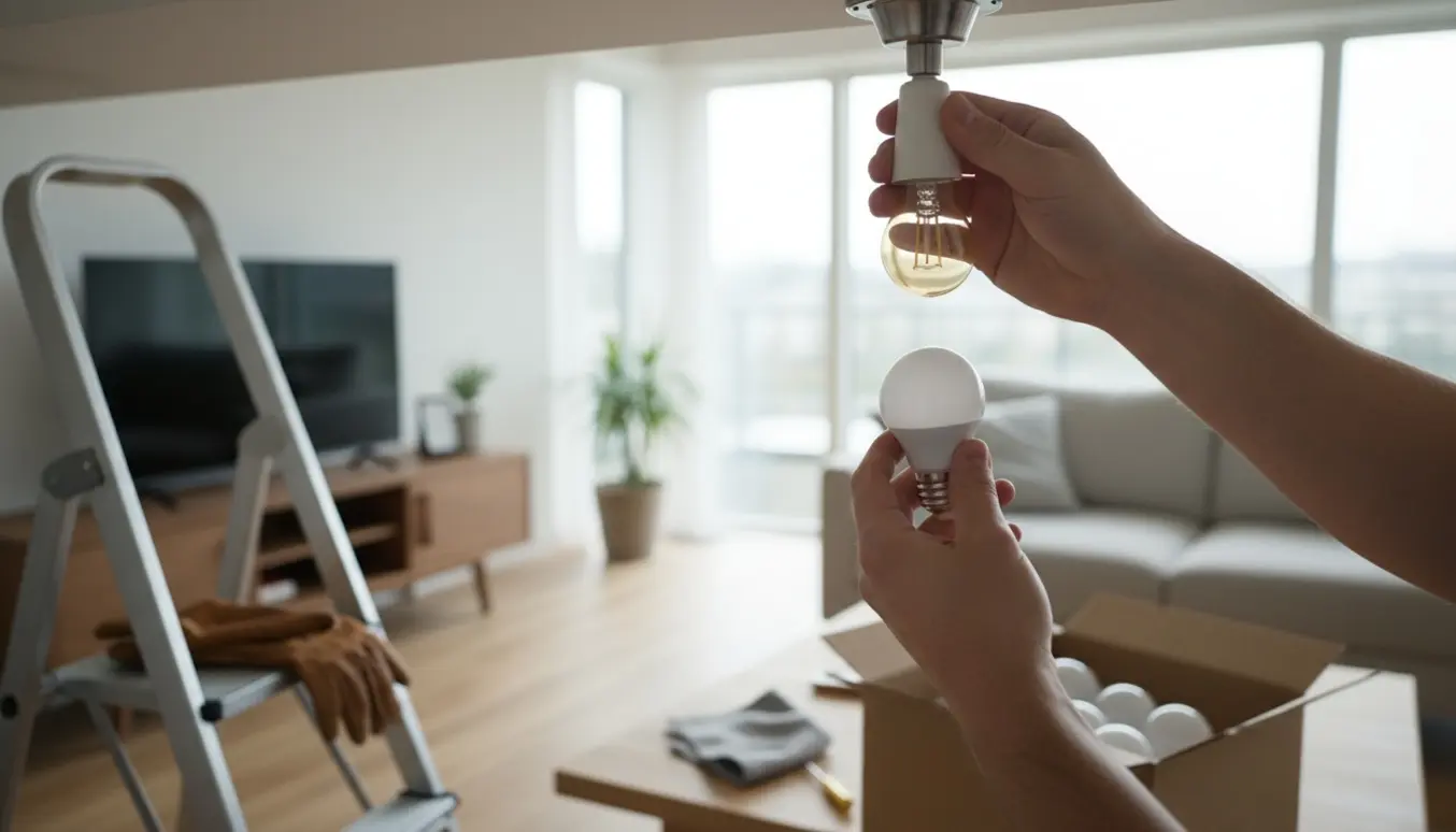 Nærbillede af hænder, der udskifter en loftspære i en lys, moderne stue med en åben æske nye pærer på bordet.