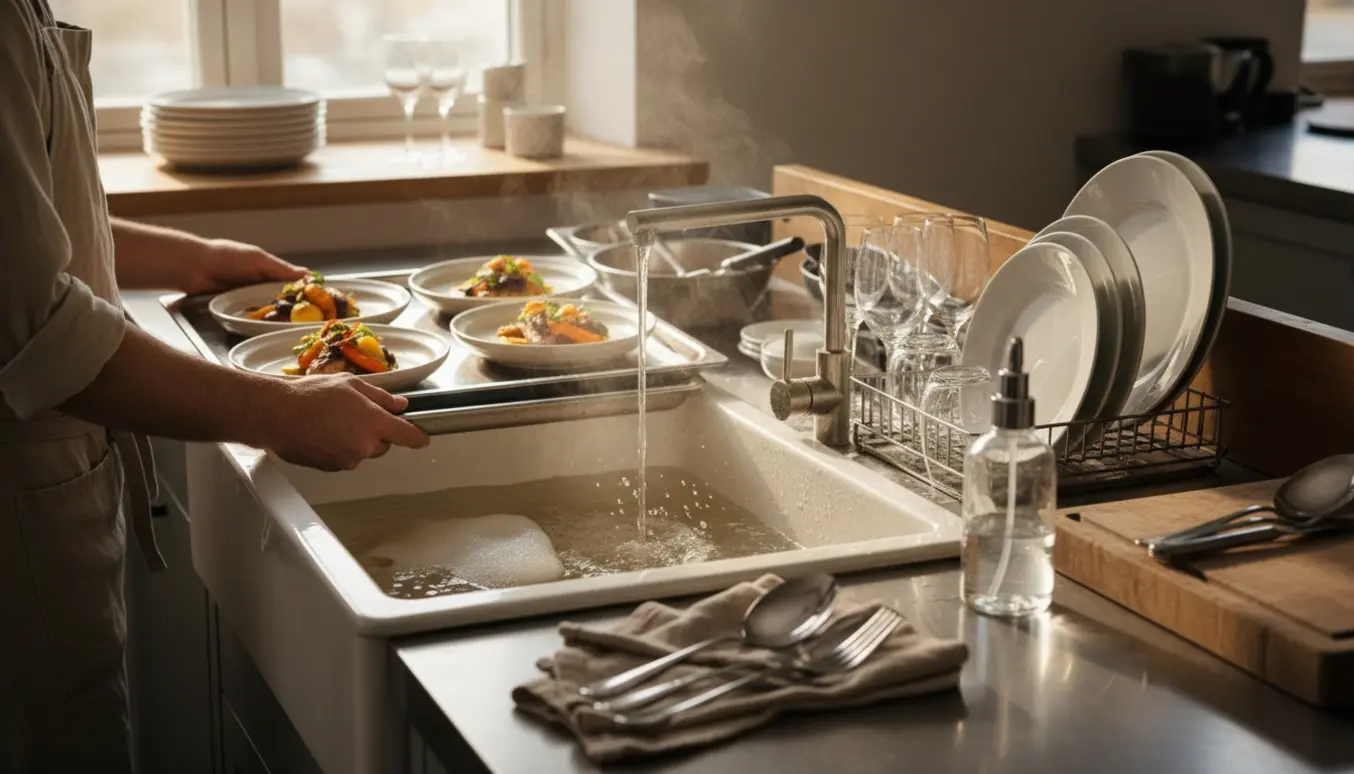 Hænder serverer mad, vasker tallerkener og rydder op i et solbelyst køkken.