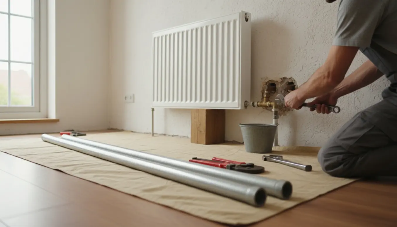 Vægmonteret radiator delvist fjernet med to lange rør og værktøj på gulvet i et vedligeholdelsesrum.