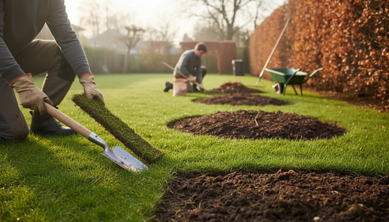 Nærbillede af opkantning af græs langs tre bede og fjernelse af blade ved en bøgehæk.