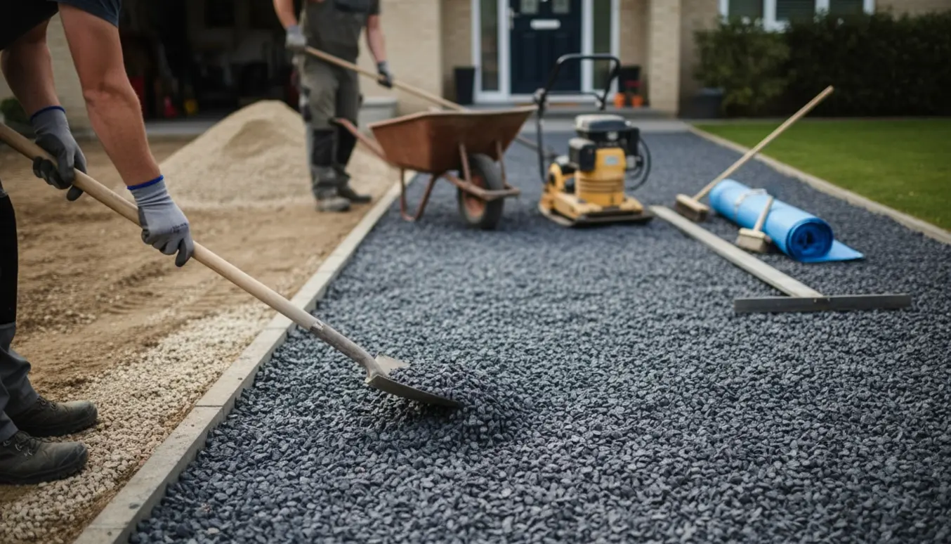 Mørkegrå granitskærver bliver udlagt og fordelt på en indkørsel med skovl, rive og pladevibrator.