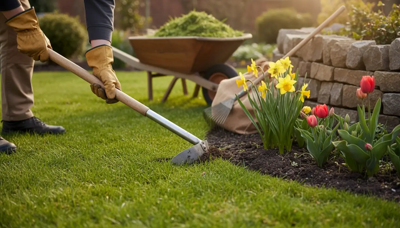 Handskerede hænder trimmer græskanten langs en stenbedkant i en solrig aprilmorgen.