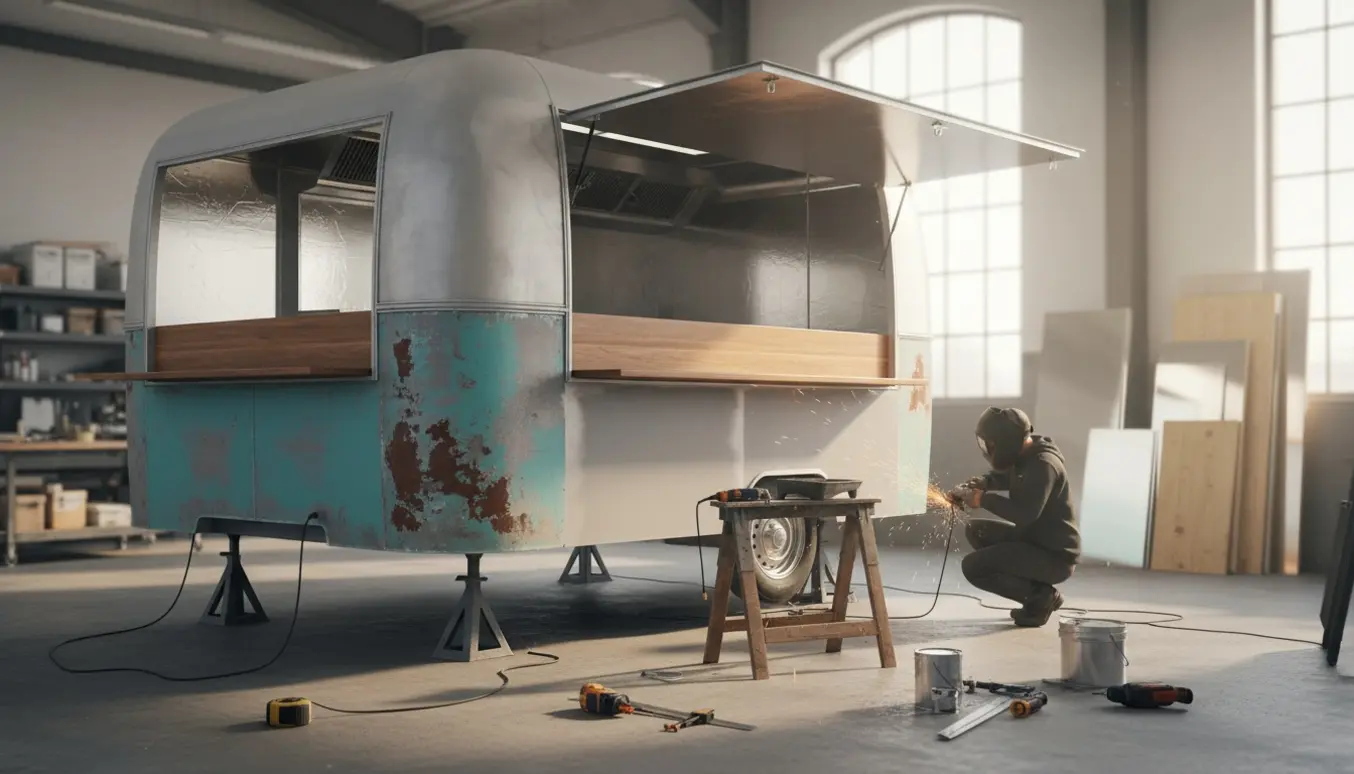 Håndværker renoverer en stor madvognstrailer med åbent serveringsvindue og værktøj i et lyst værksted.