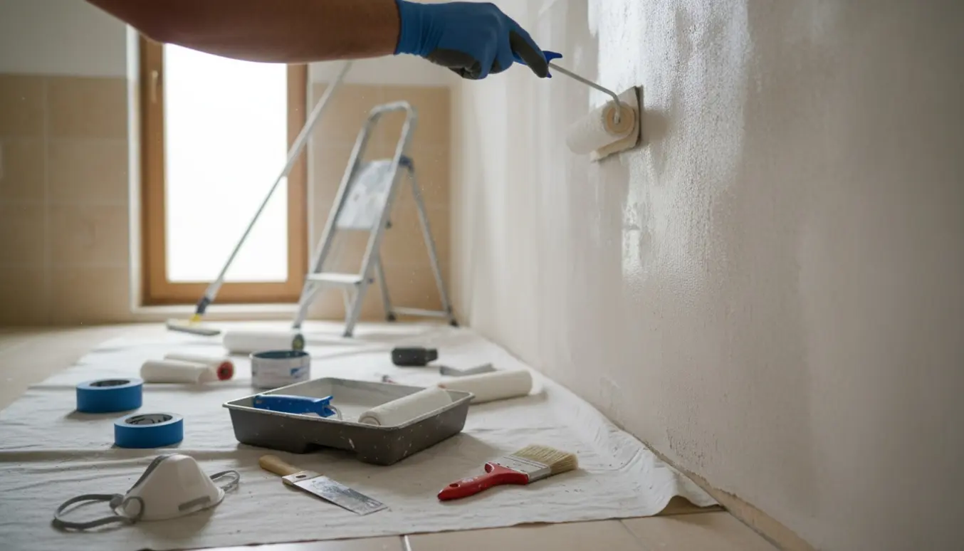 Hænder sliber og maler en nypudset badeværelsesvæg og loft med maleruller og værktøj på afdækning.