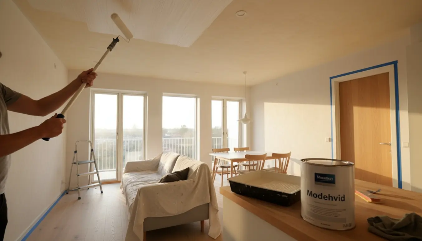 Hånd maler loft og øvre væg i en lys stue og køkken med frisk off-white Modehvid maling.