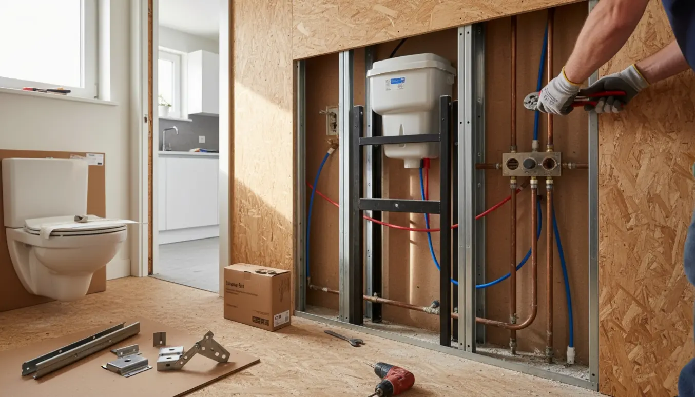 Åben hulmur i badeværelse med hængetoiletkonstruktion, synlige kobberrør, nye PEX-rør og værktøj under installation.