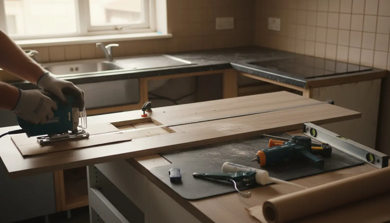 Nyt bordpladeemne på køkkenunderskabe, håndværker skærer hul til vask med skærejern, gamle bordplade med vask i baggrunden.