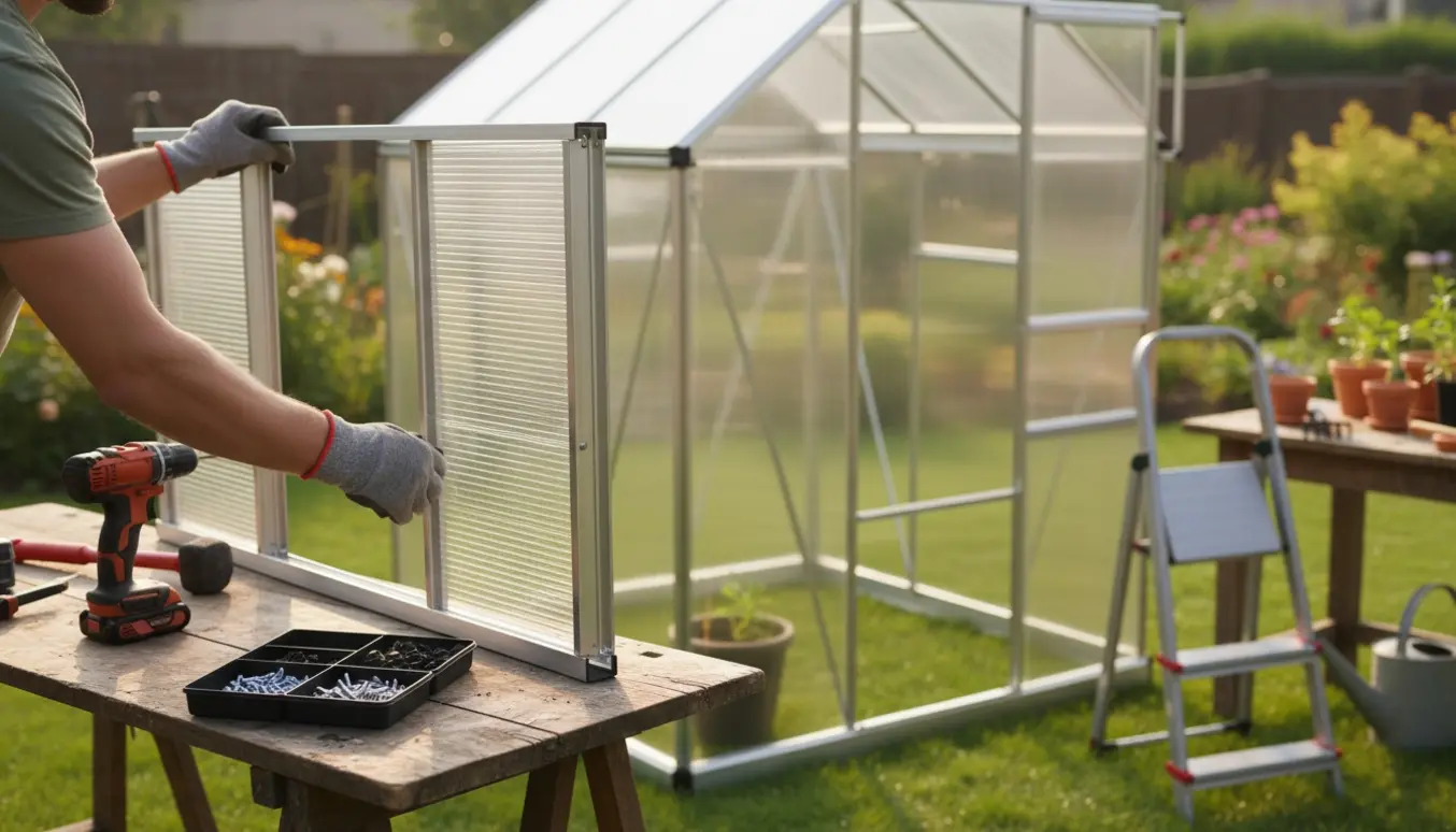 Hænder samler et lille drivhus i en baghave med aluminiumramme og polycarbonatpaneler.