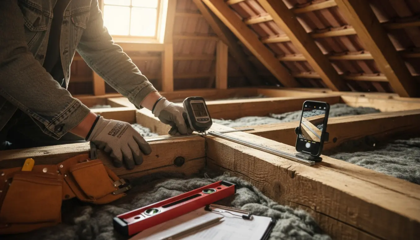 Tømrer måler og tjekker træbjælker i loftet med fugtmåler og tommestok før huskøb.