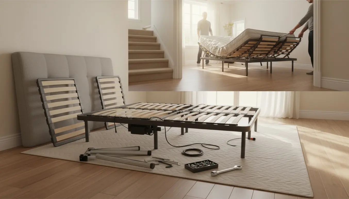 To personer bærer en dobbeltsengsmadras op ad en trappe, mens adskilte sengeramme-dele og værktøj står klar i soveværelset.