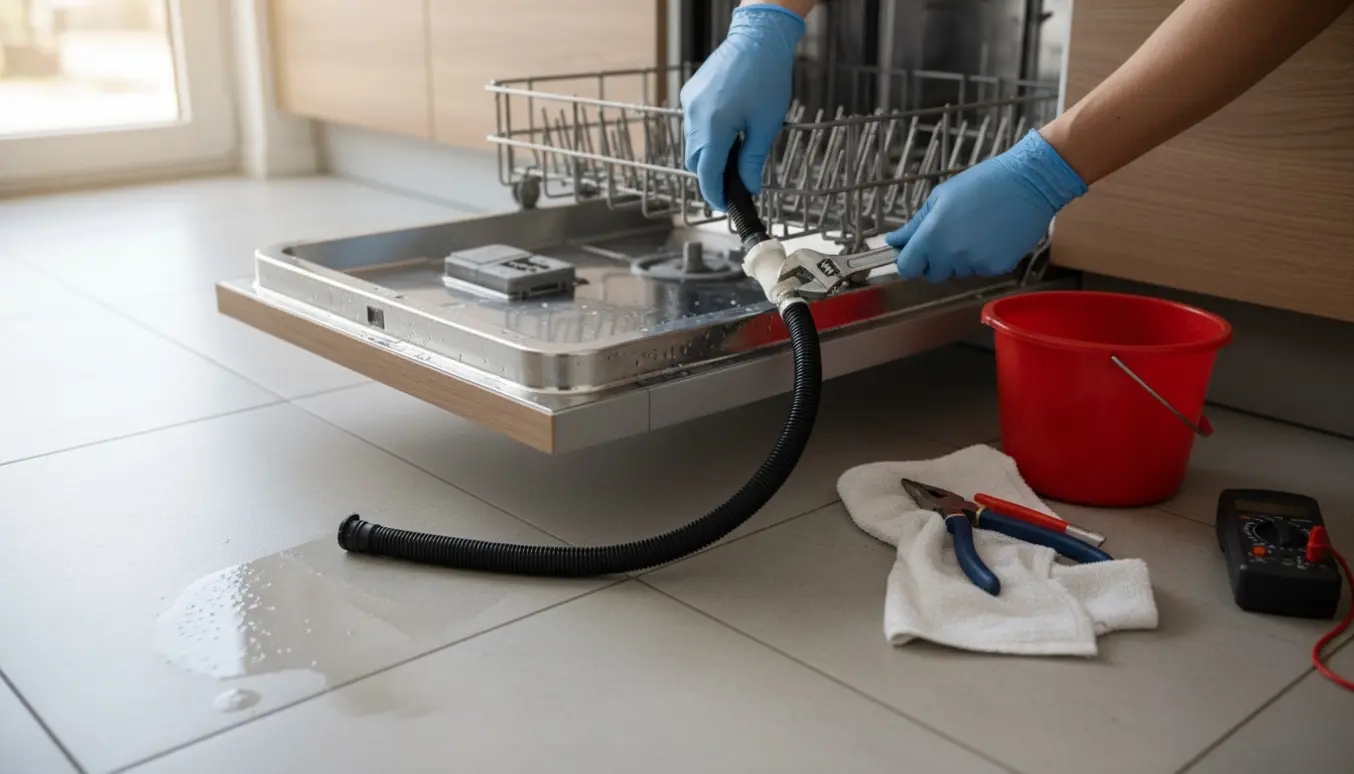 Opvaskemaskine med stående vand og handsker, der inspicerer afløbs- og påfyldningsslanger.