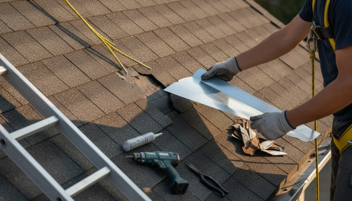 Nærbillede af skotrende mellem hus og tilbygning, med handskerede hænder, ny inddækning og et synligt hul ved tagryggen.