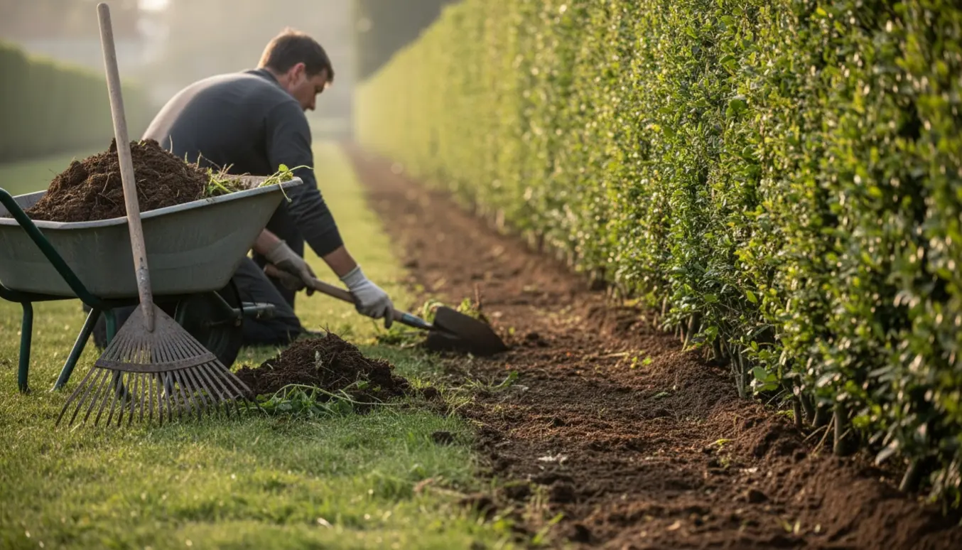 Hækkens bund renses for jord og ukrudt med skovl, rive og trillebør langs en lang hæk.