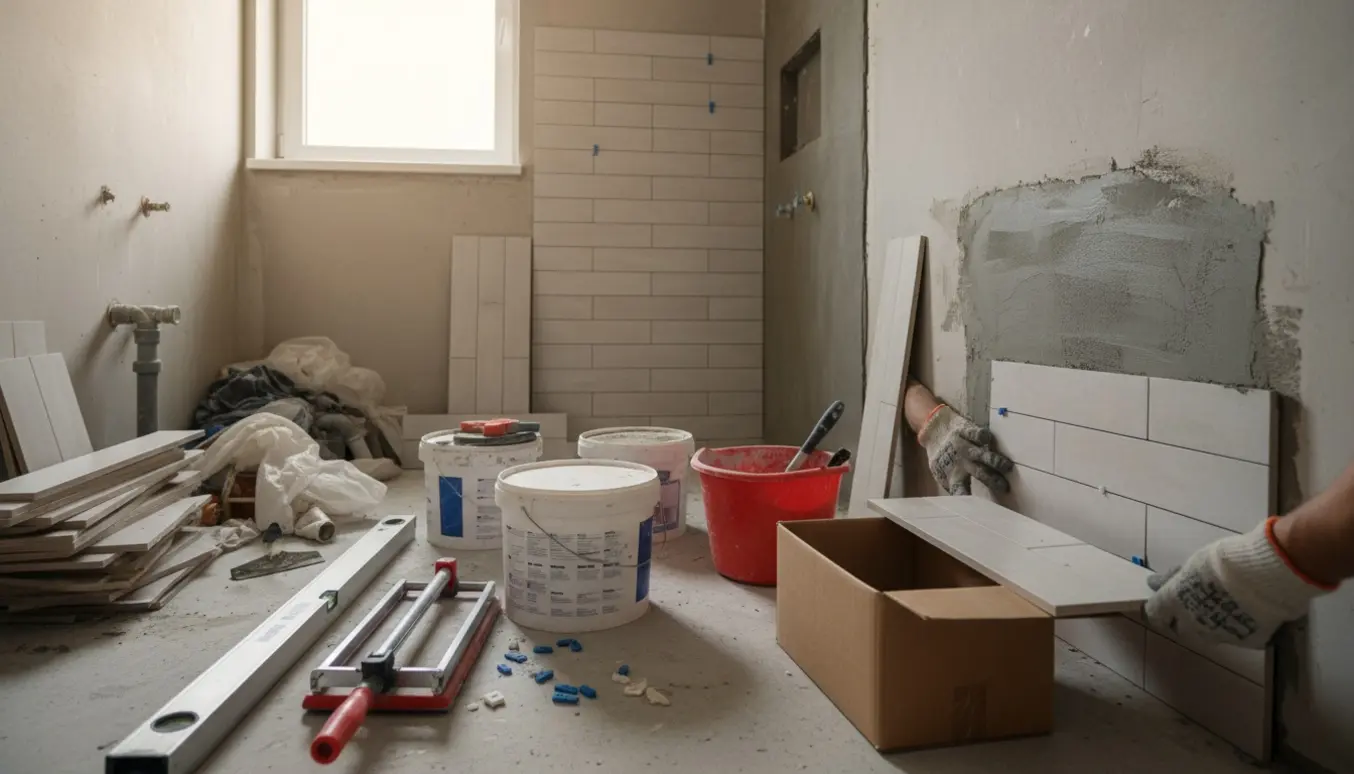 Hænder sætter 25x75 klinker op i et lille badeværelse med vådrumssikring og materialer klar.