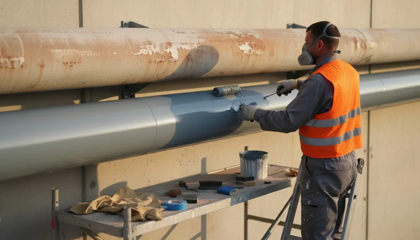 En maler i arbejdstøj maler to lange ventilationsrør (ca. 5 m, Ø 40 cm) med rulle på en stige ved en industribygning.