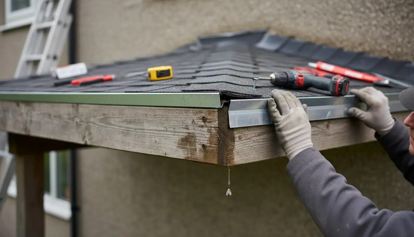 Hænder monterer en aluminiumsafslutning på carportens tagkant for at lede vand væk.