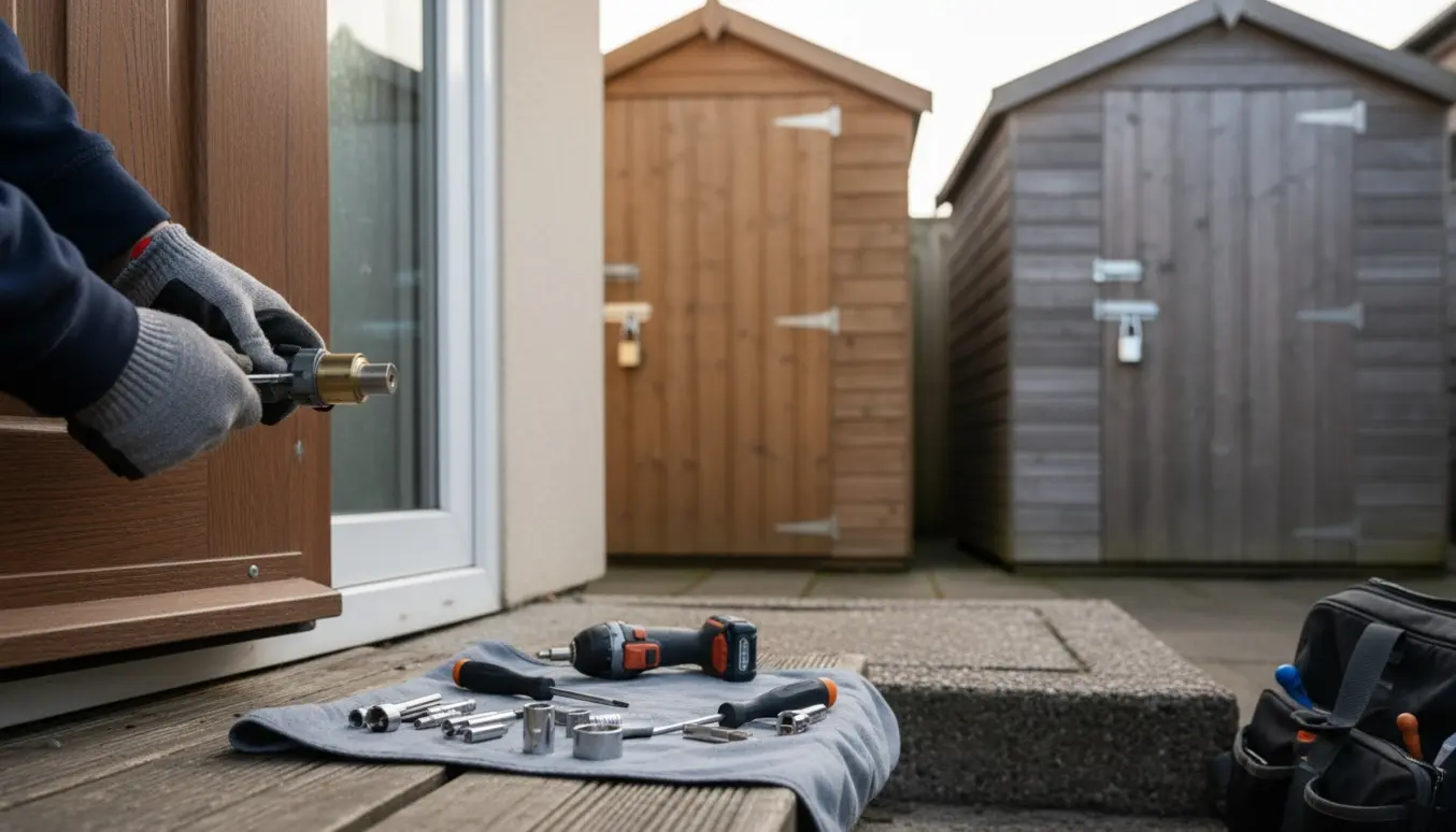 Låsesmeds hænder udskifter låse på en hoveddør med to skure i baggrunden.