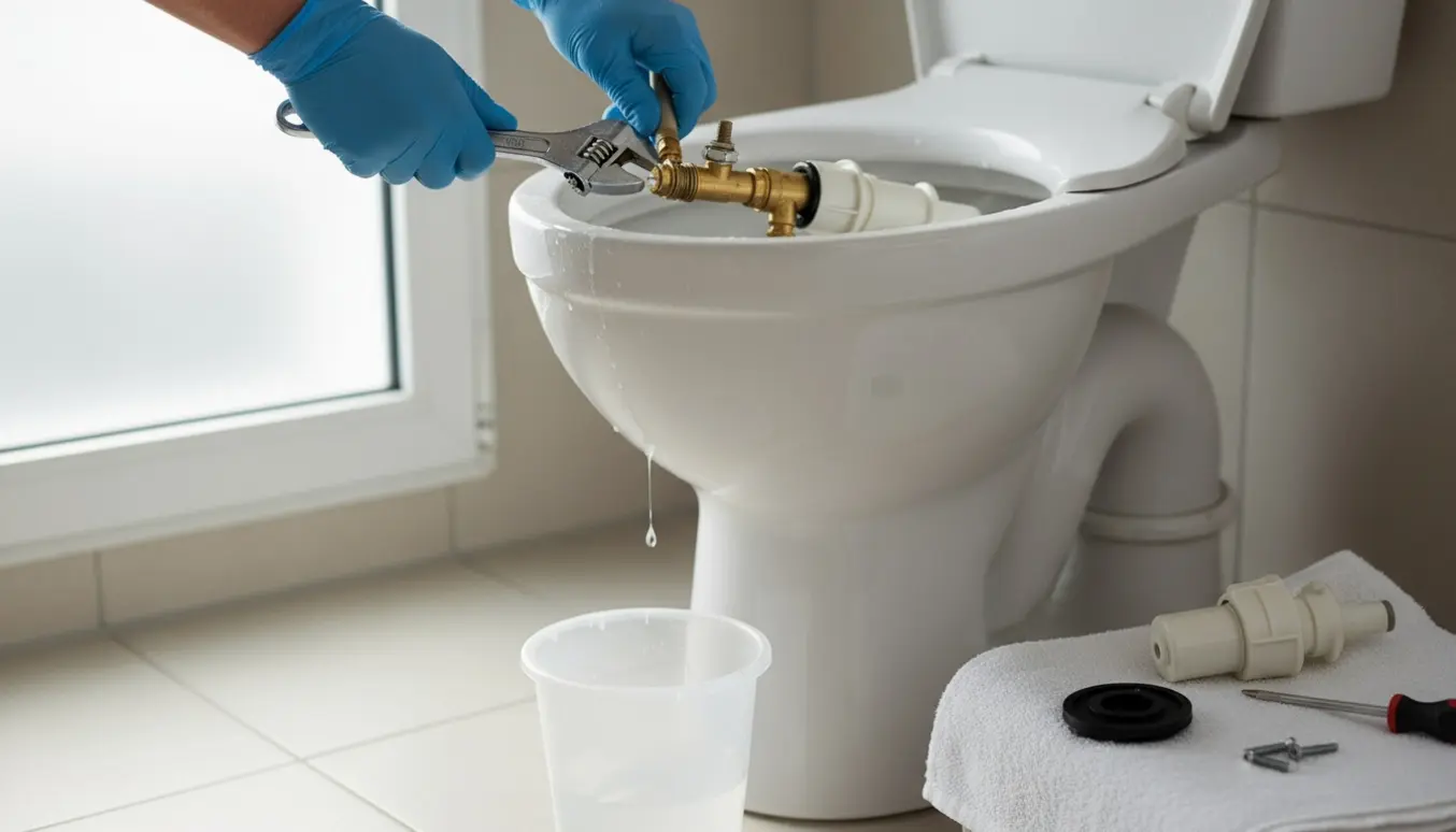 Håndværkerens hænder reparerer et åbent toiletcisterne med værktøj og reservedele.