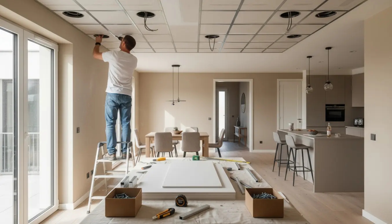 Tømrer set bagfra monterer gipsloft med udskæringer til spots i et lyst køkken-alrum, materialer og værktøj i forgrunden.