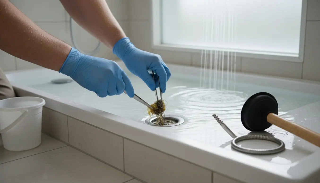 Hænder fjerner hår fra et stoppet bruseafløb mens vandet samler sig i brusebakken.