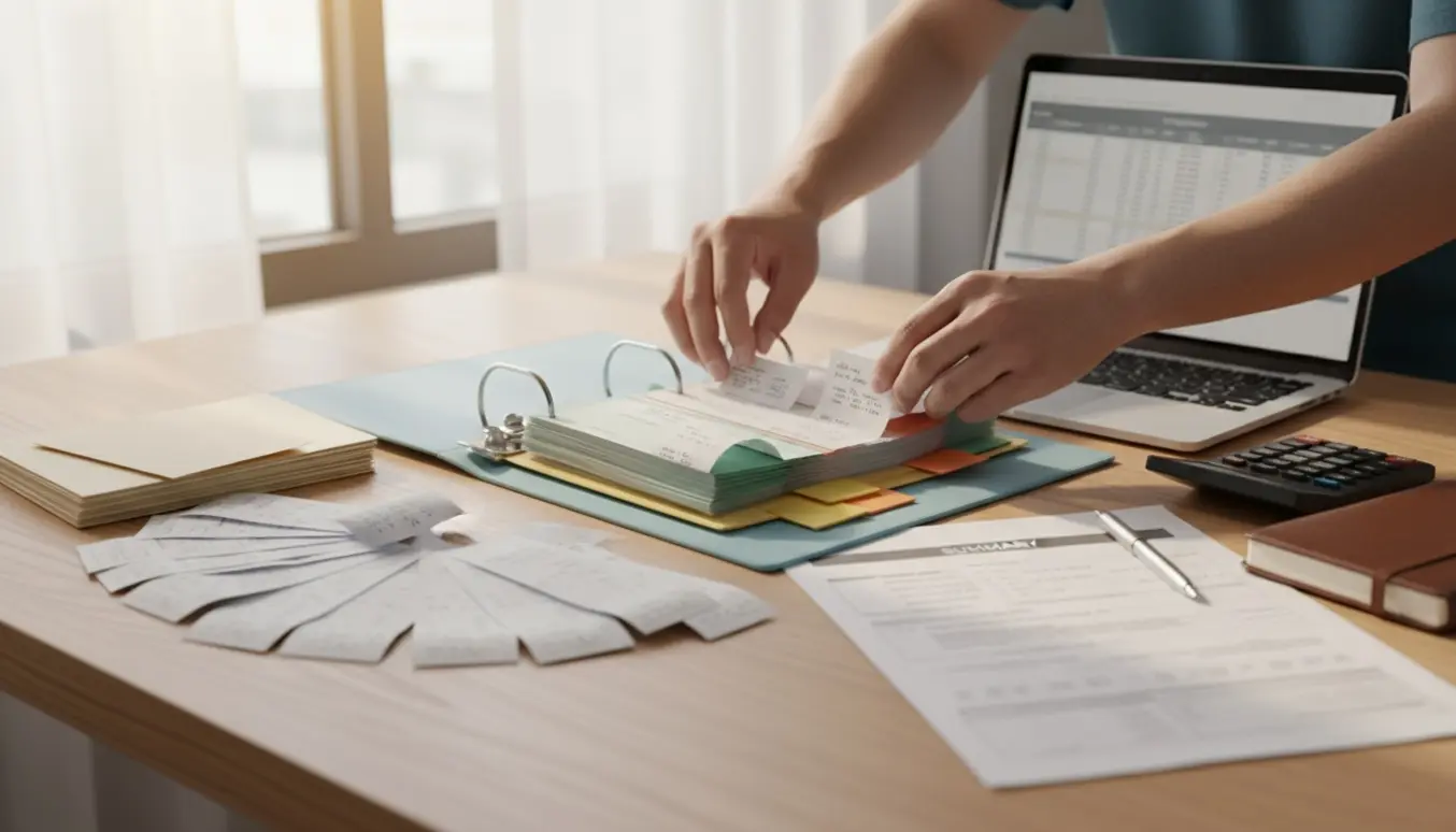 Solbelyst skrivebord med mapper, bunker af kvitteringer og hænder, der sorterer bilag til årsregnskab og moms.