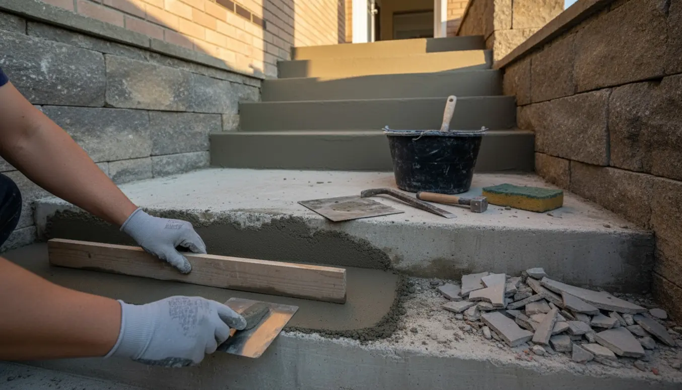 Udendørs betontrappe under renovering, hvor fliser er fjernet og frisk puds glattes med murske.