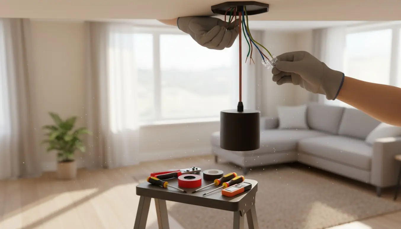 Nærbillede af hænder, der monterer en loftslampe og udskifter ledning i et lyst, moderne rum.