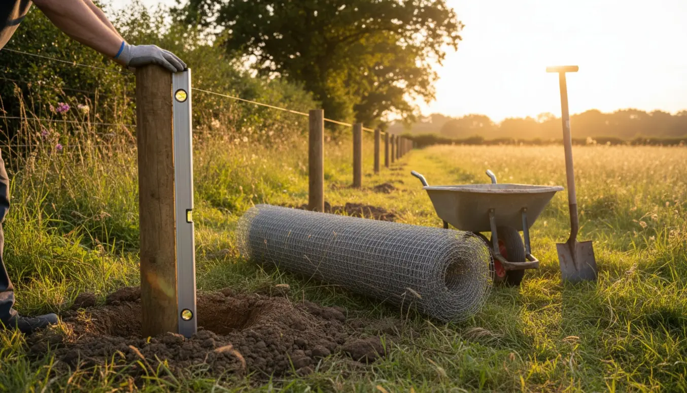 Vildthegn under opførelse med træstolper og rulle af wirenet langs en mark.