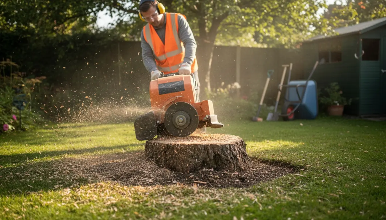 Rodfræser fjerner en træstub på ca. 35 cm i en have, med træflis og støv omkring.