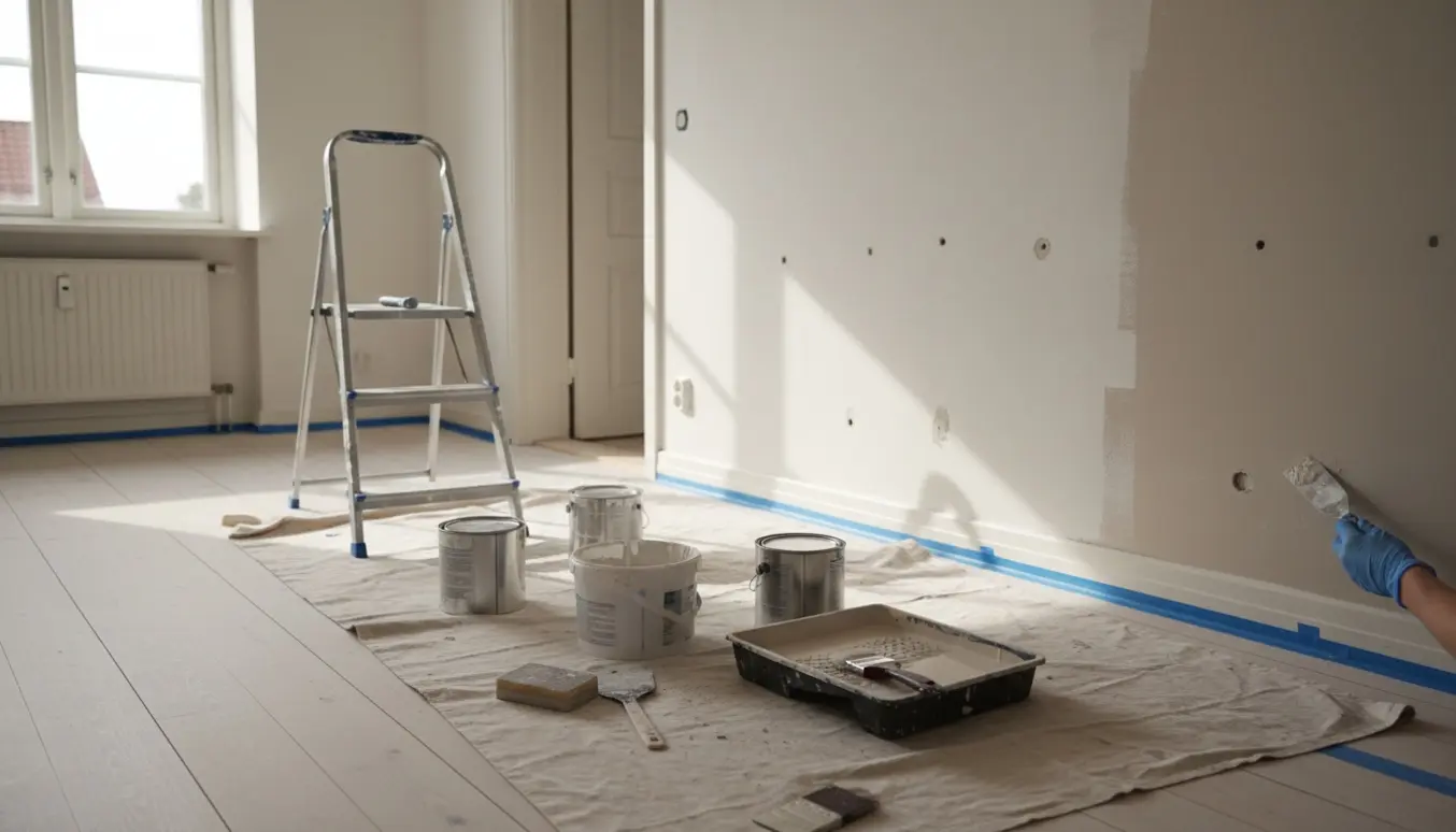 Værktøj og handsker spartler og maler vægge i en lys 70 m² lejlighed.