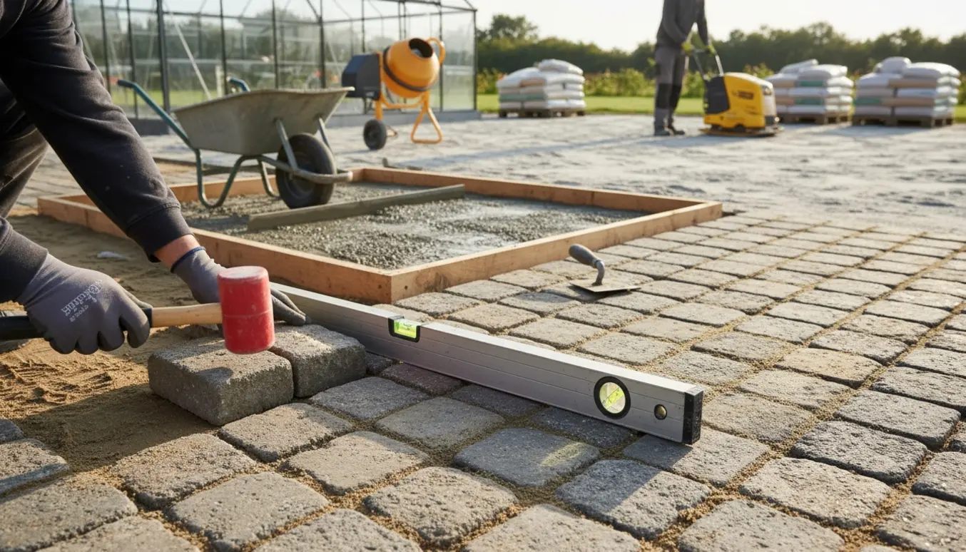 Glænder af hænder lægger herregårdssten på sand med drivhusfundament og vibroplade i baggrunden.