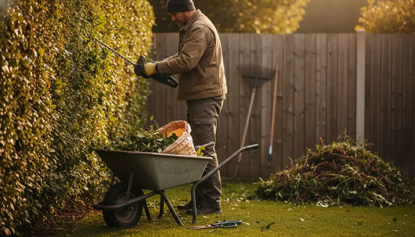 Person i haven klipper hæk og samler haveaffald i en trillebør.