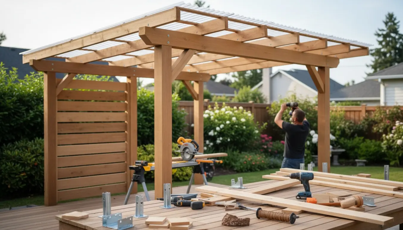 Under opførelse: fritstående overdækket terrasse i træ med materialer og værktøj i forgrunden.