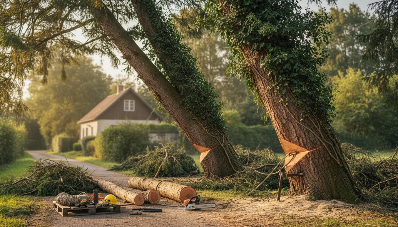 To høje fyrtræer med slyngplanter lænende over en smal vej, savede grene og en motorsav klar til fjernelse.