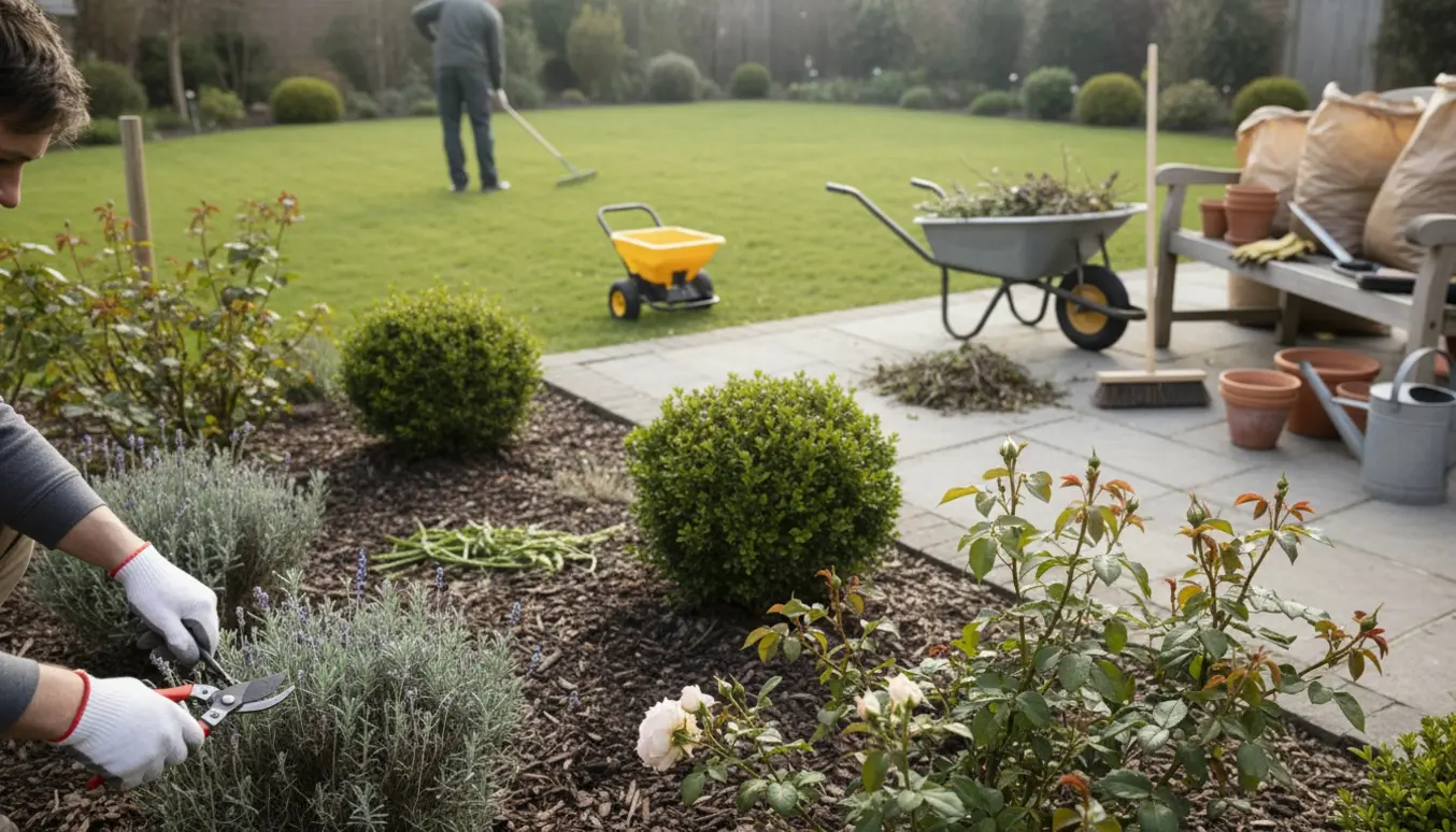 Forårshave under klargøring med beskårne roser og lavendler, rive, trillebør og bunker af haveaffald.