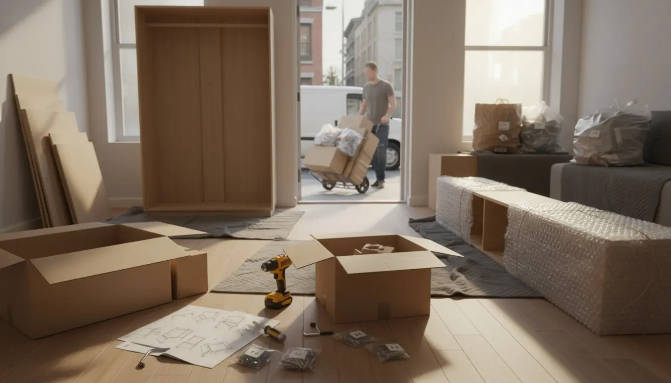 En lys lejlighed med samlede møbeldelene, værktøj og en person set bagfra, der læsser pap og poser til bortkørsel.