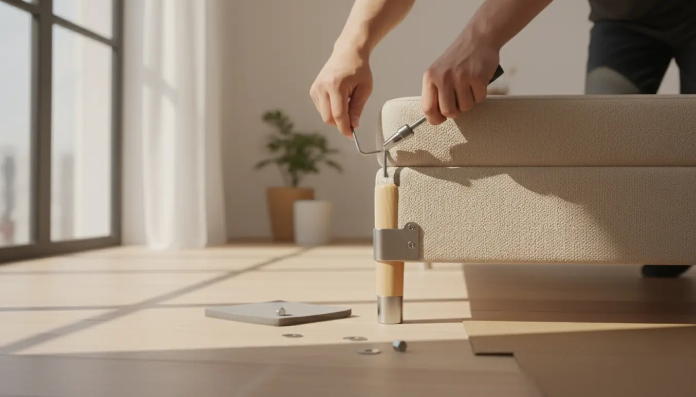 Hænder skruer benene fast på en boxmadras i et lyst, minimalistisk soveværelse.