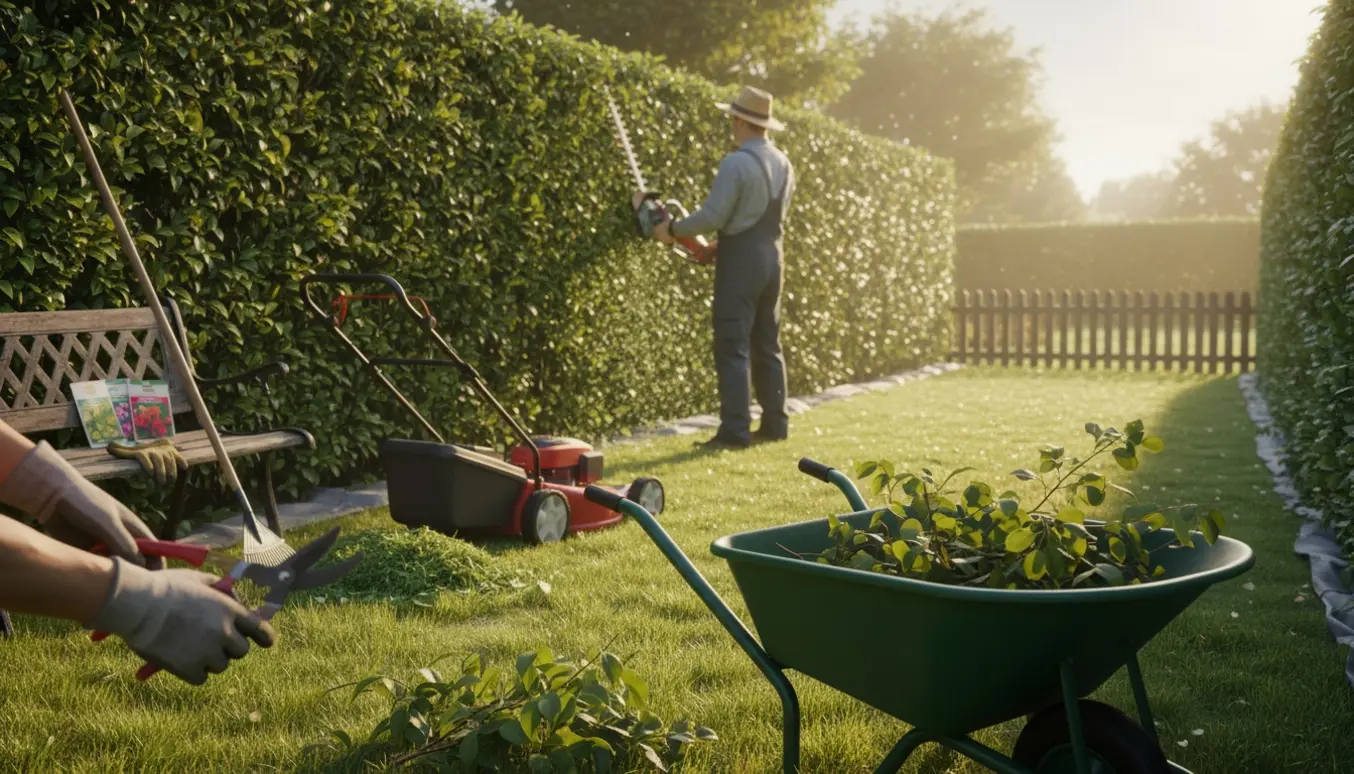 En person med skjult ansigt klipper en hæk ved siden af en nyslået græsplæne med haveredskaber.