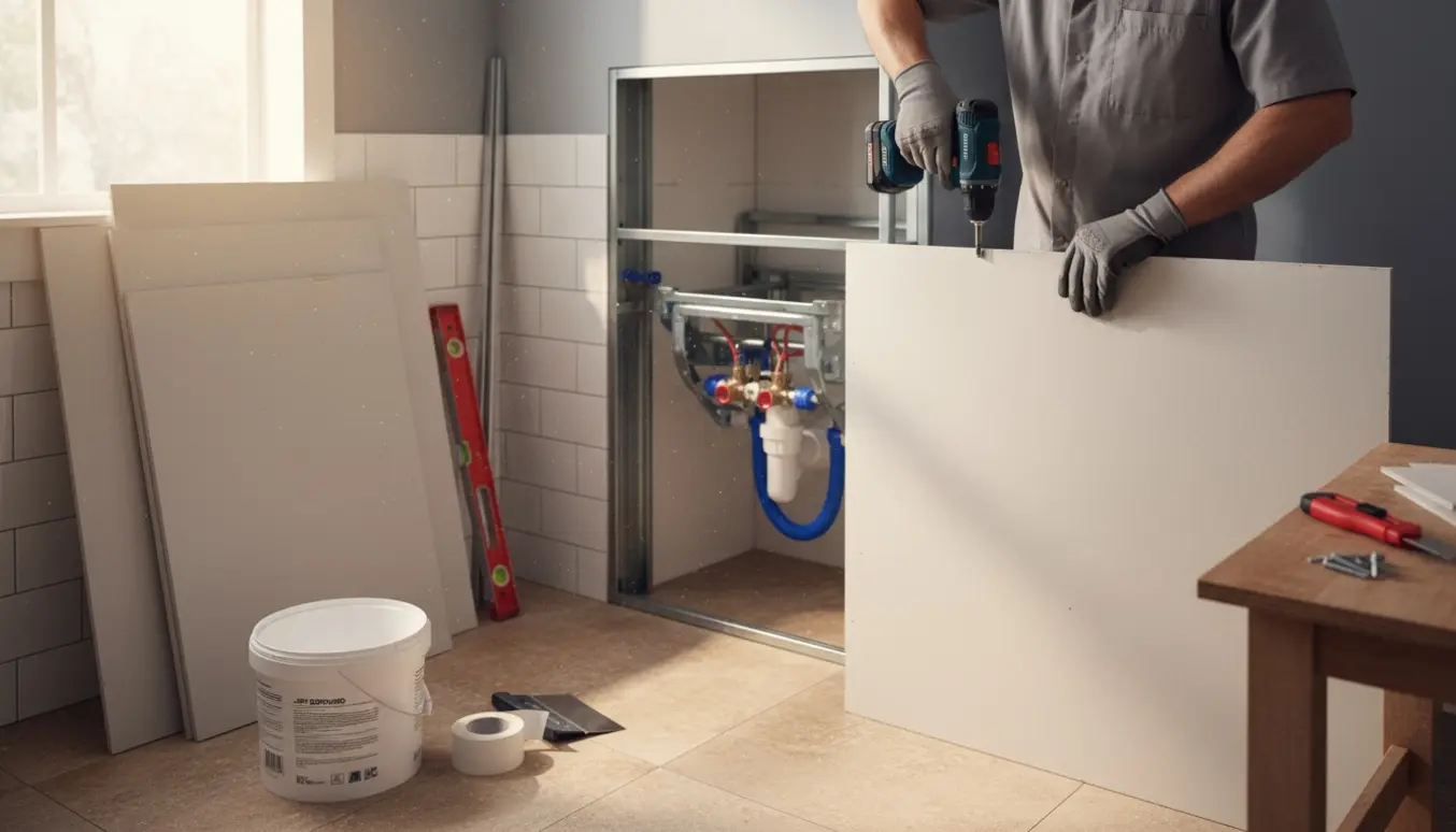 En tømrer monterer gipsplader omkring en væghængt toilets indbygningsramme i et baderum.