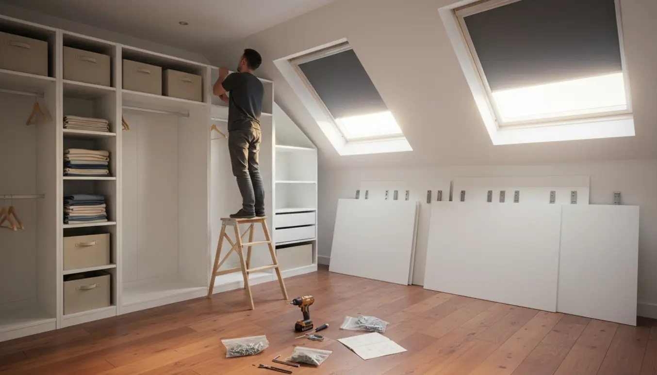 Ovenlysvindue med mørklægningsgardin under montering og samlede hvide PAX-garderobeskabe i et lyst loftsrum.