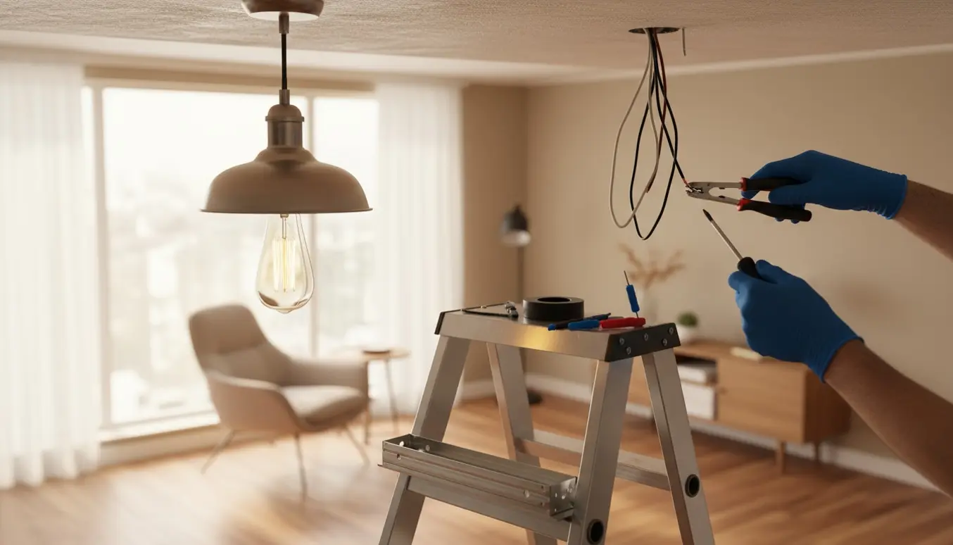 Hænder uden ansigt monterer en ny loftslampe fra en stige med værktøj og afkortet kabelbakke ved siden af.