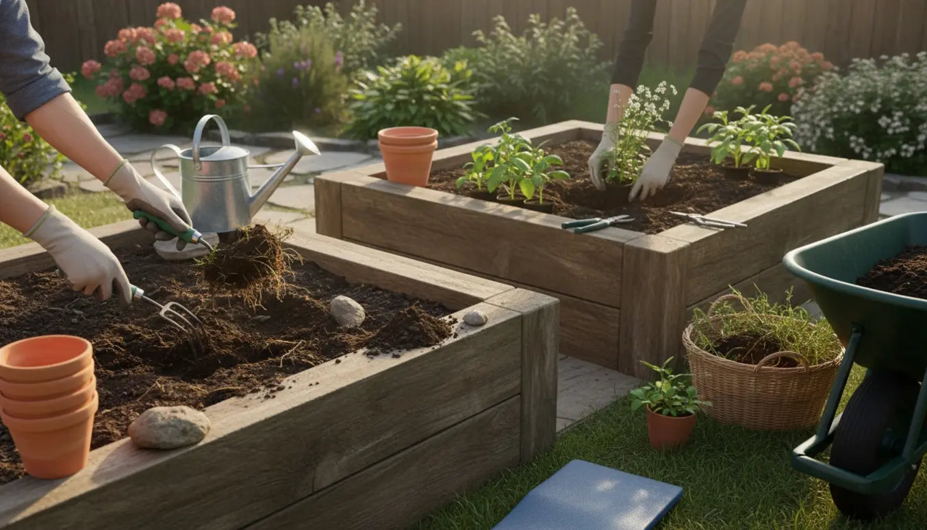 To store højbede i en solfyldt have, hvor hænder renser ukrudt og flytter planter mellem bedene.