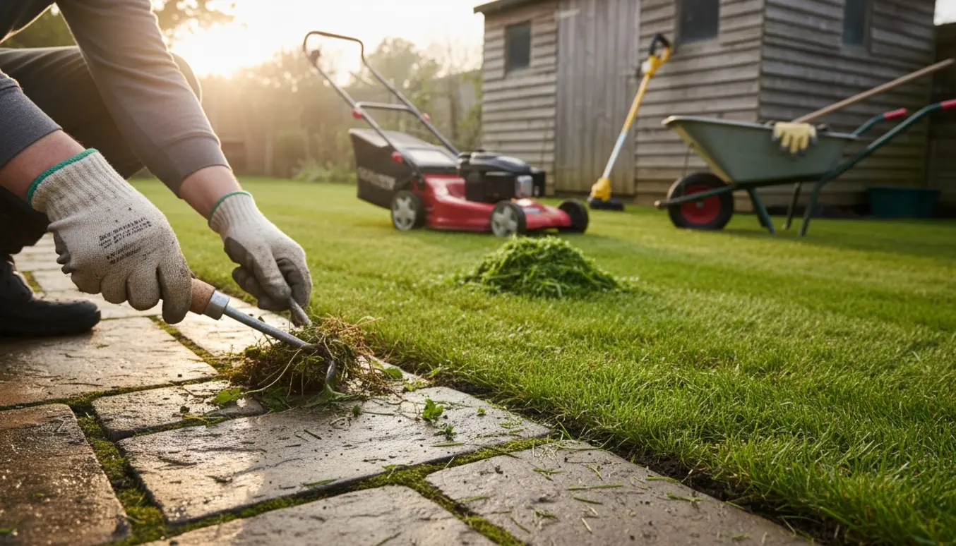 Nærbillede af hænder, der fjerner ukrudt mellem fliser og viser nyklippet græs med rene kanter i en have efter vinteren.