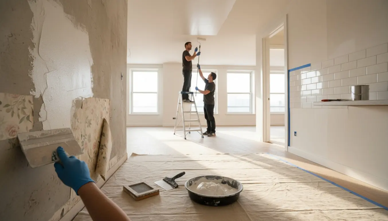 Lyse lejlighedsrum under renovering med afrevet tapet, spartlede vægge, maler på stige og halvmalede fliser i køkkenet.