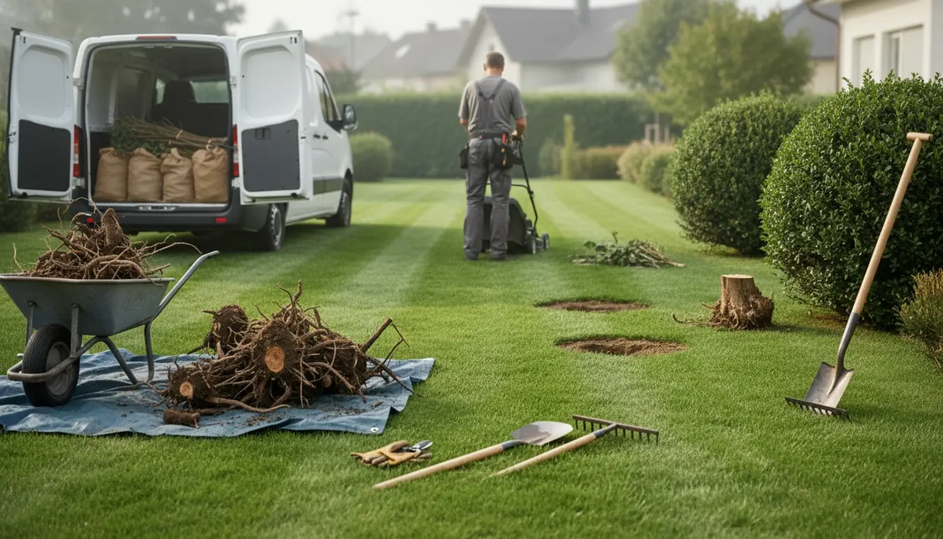 Havearbejder klipper en lille græsplæne, beskærer buske og samler opgravede rodstumper og haveaffald til bortkørsel.